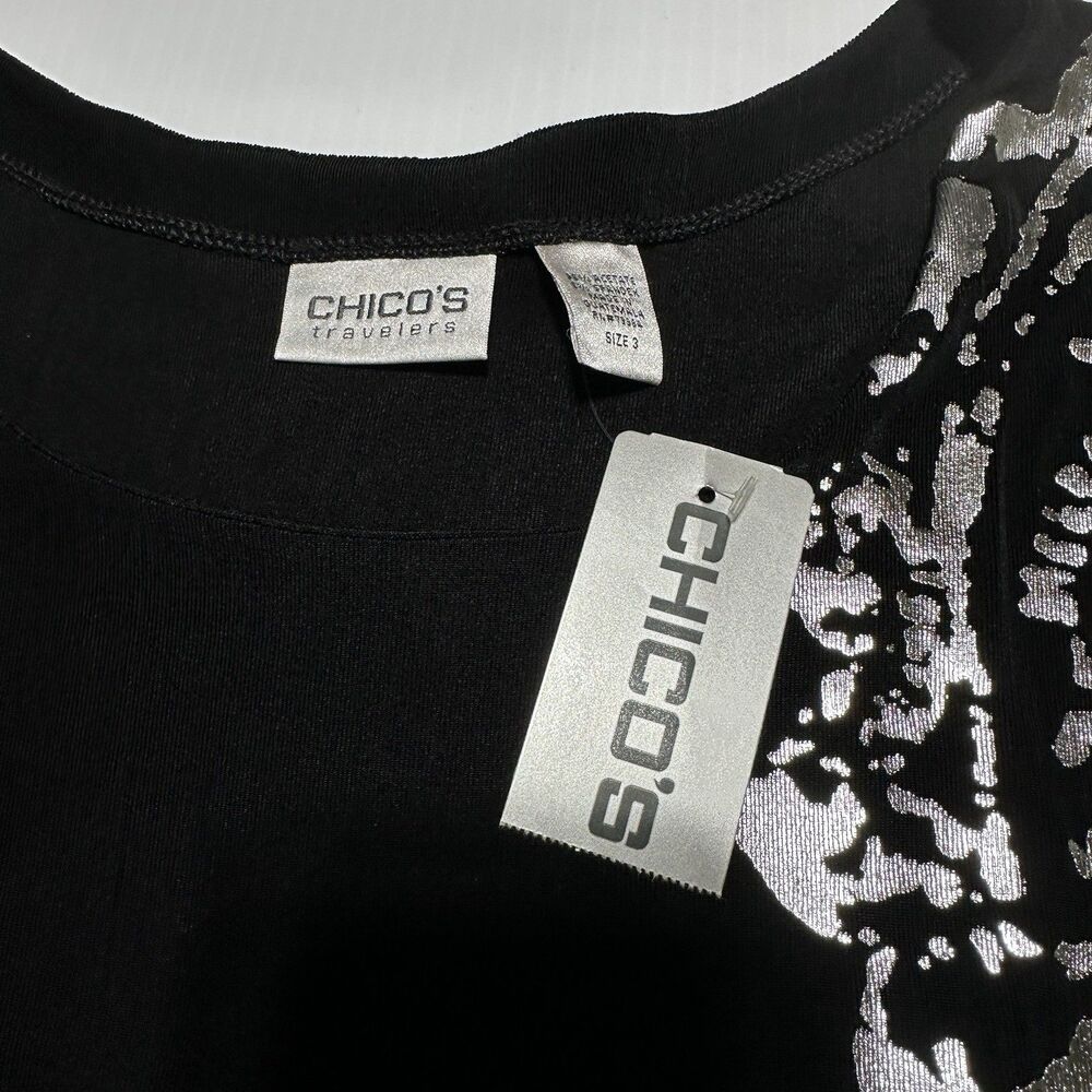 Chicos Travelers 3 Slinky Belinda Top Black Silver Liquid Knit Women US XL NWT - Picture 4 of 8